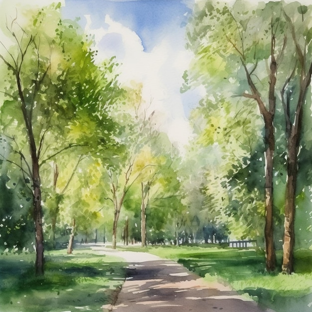 Malowanie ścieżki w parku z drzewami i trawą generatywną ai
