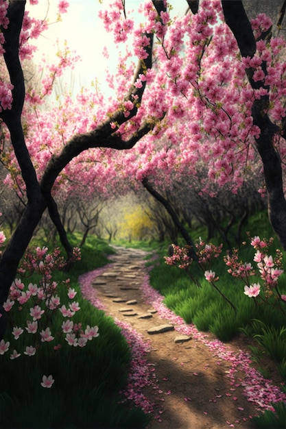 Malowanie ścieżki wyłożonej różowymi kwiatami generatywnymi ai