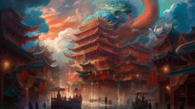 Malowanie smoka lecącego nad chińskim miastem z generatywną ai łodzi