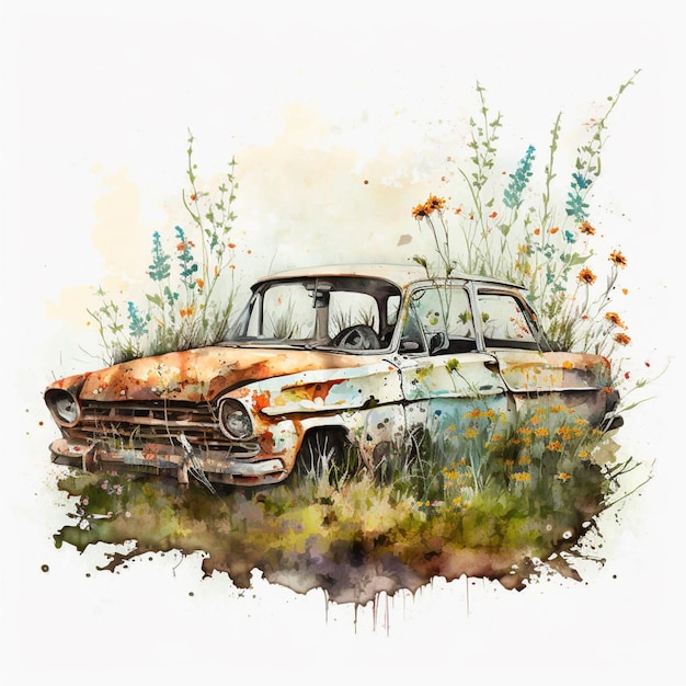 Malowanie starego samochodu w polu generatywnych kwiatów ai
