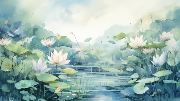 Malowanie stawu z liliami wodnymi i kilkoma zielonymi liśćmi generatywne ai