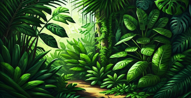 Zdjęcie malowanie tła dżungli przedstawiające scenę dżungli z zieloną rośliną i zielonymi liśćmi nowe generatywne ai