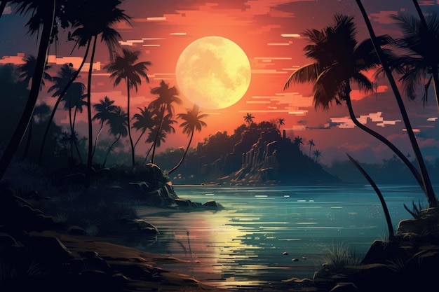 Malowanie tropikalnego zachodu słońca z palmami Vintagestyle cyfrowe malowanie plaż wysp drzew i ptaków w nocy z pełnym księżycem i świecącym niebem AI Generated