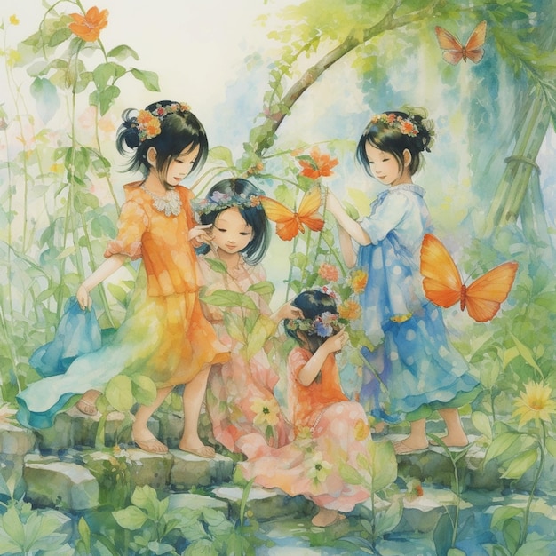 Malowanie trzech dziewczynek w kolorowych sukienkach i motyli w ogrodzie generatywnym ai