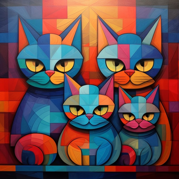 Malowanie trzech kotów w jasnych kolorach na kolorowym tle generatywnym ai