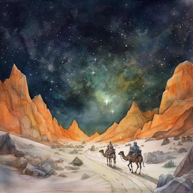 Malowanie trzech osób jadących na wielbłądach po pustyni z gwiazdą na niebie generatywną ai