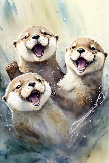 Zdjęcie malowanie trzech wydr w wodzie z otwartymi ustami generatywne ai