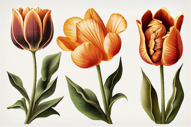 Malowanie tulipanów Wiosna Kwiat Rysunek Ilustracja botaniczna tulipana Abstrakcyjna generatywna ilustracja Ai