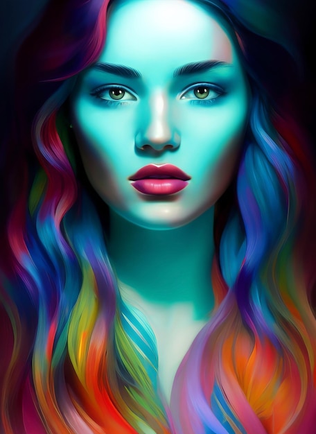 Malowanie twarzy pięknej kobiety, Portret pięknej kobiety, kolorowe włosy