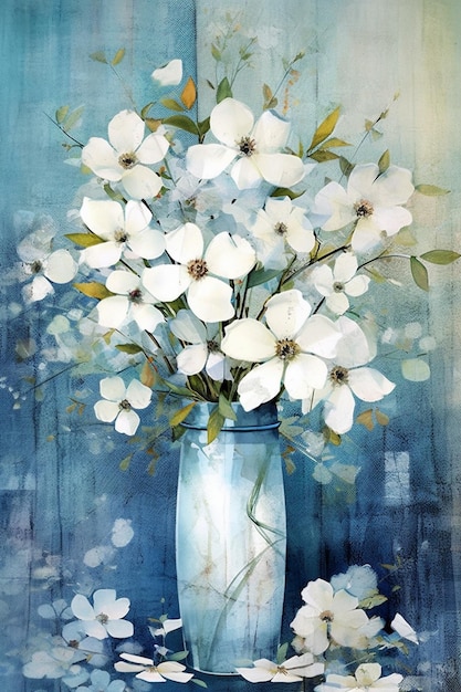 Zdjęcie malowanie wazonu z białymi kwiatami na niebieskim tle generatywne ai