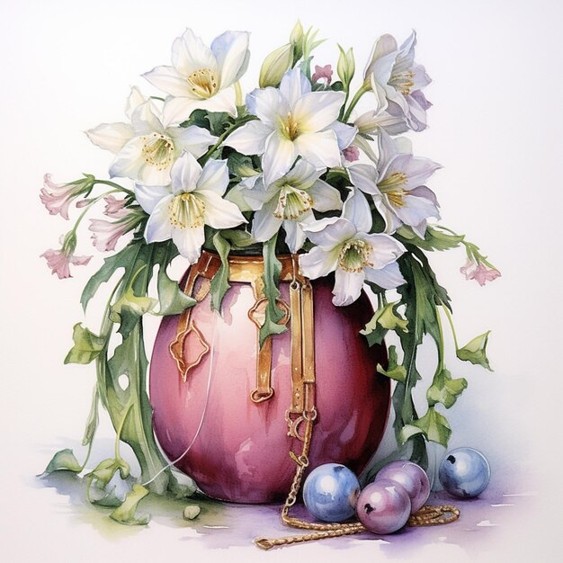 Zdjęcie malowanie wazy z kwiatami i owocami na stole generatywny ai