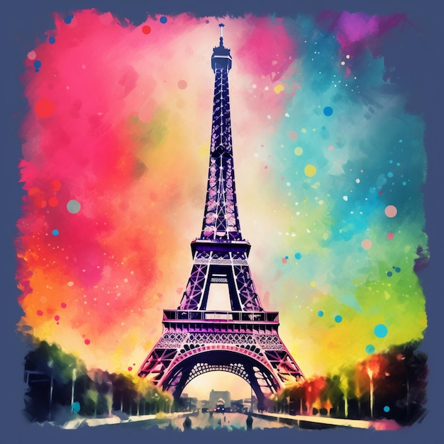 Malowanie wieży Eiffla w Paryżu z kolorowym generatywnym niebem AI