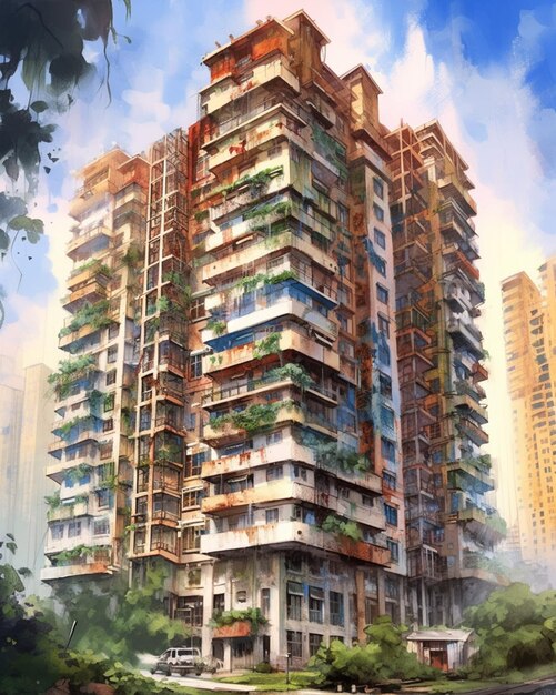 malowanie wysokiego budynku z wieloma oknami i balkonami generatywne ai