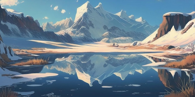 Malowanie zamarzniętego górskiego jeziora w zimowym krajobrazie z jeziorem polodowcowym na pierwszym planie generatywnego ai