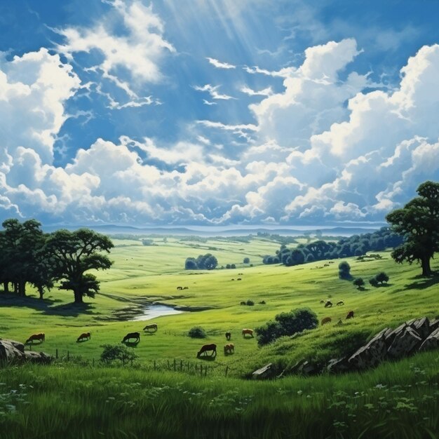 malowanie zielonego pola z krowami paszącymi się w oddali generatywne ai