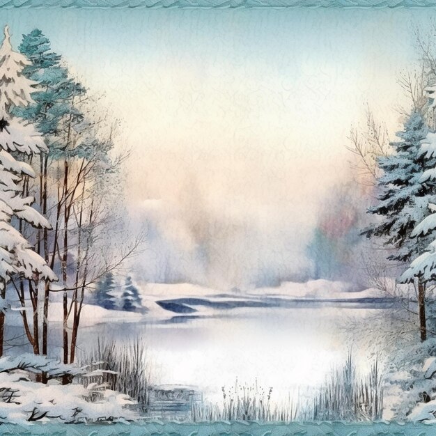 Malowanie zimowej sceny z jeziorem i drzewami generatywnymi ai
