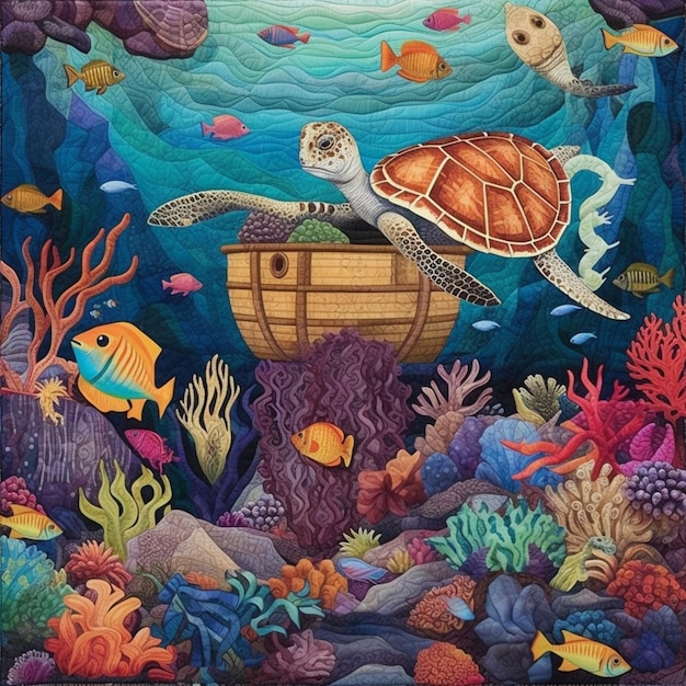 Malowanie żółwia i ryby w łodzi otoczonej generatywnymi koralowcami ai