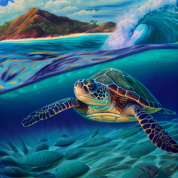 Malowanie żółwia pływającego w oceanie generatywnego ai