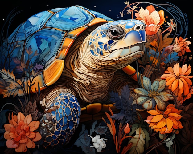 malowanie żółwia z plecakiem na plecach siedzącego na polu kwiatów generatywnej ai