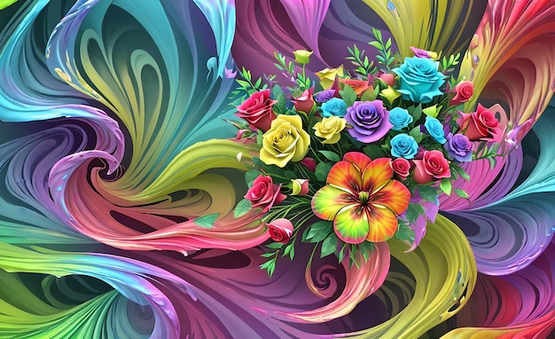 Malowany cyfrowo bukiet kwiatów ozdobiony abstrakcyjnym tłem