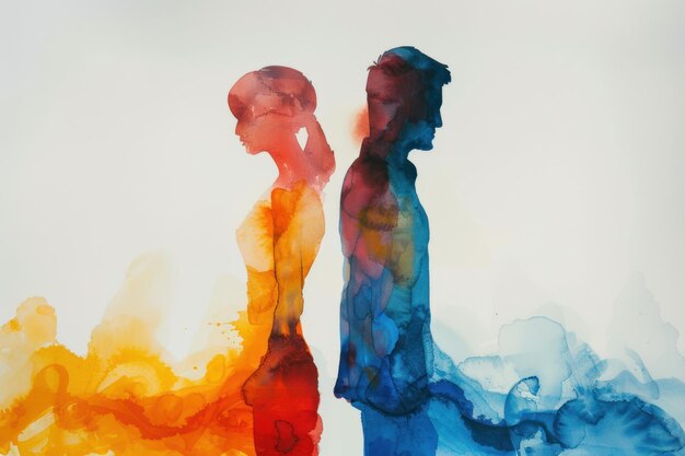 malowany kolorowy rysunek z atramentem mężczyzna i kobieta stoją plecami do siebie koncepcja rozwodu