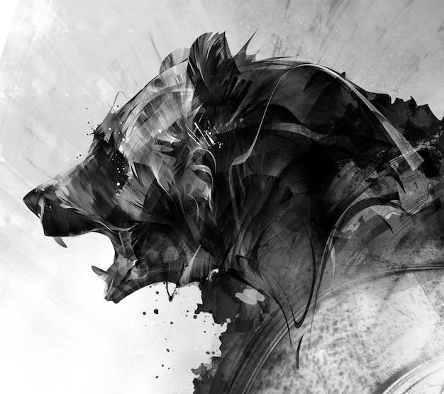 Malowany portret niedźwiedzia bestii w trybie monochromatycznym