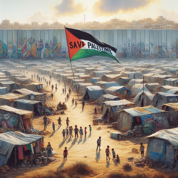 malowidło akwarelowe przedstawia sztandar Save Palestine nad obozami dla uchodźców