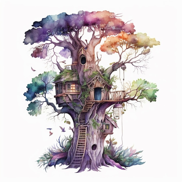 Malowidło przedstawiające domek na drzewie z prowadzącymi do niego schodami generatywny ai