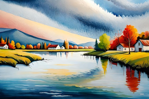 Malowidło przedstawiające jezioro z domem po lewej stronie.