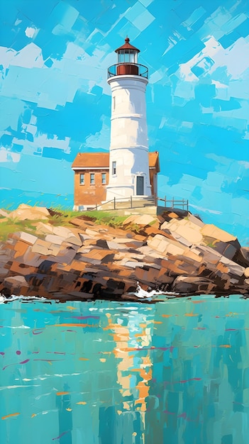 Malowidło przedstawiające latarnię morską na skale nad morzem.
