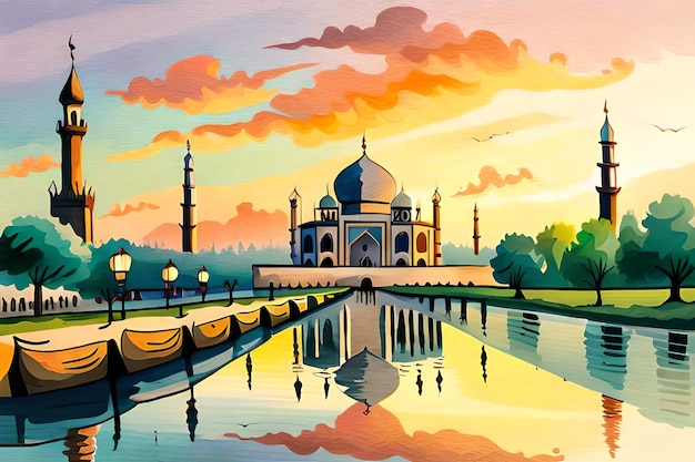 Malowidło przedstawiające meczet na wodzie z zachodem słońca w tle.