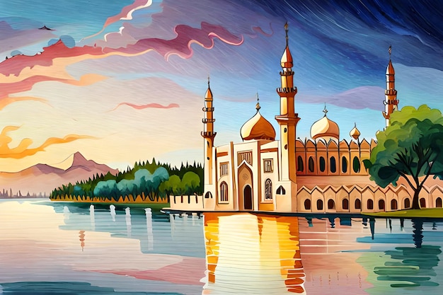 Malowidło przedstawiające meczet nad jeziorem