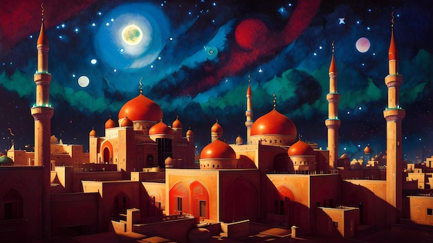 Malowidło przedstawiające meczet z księżycem w tle.