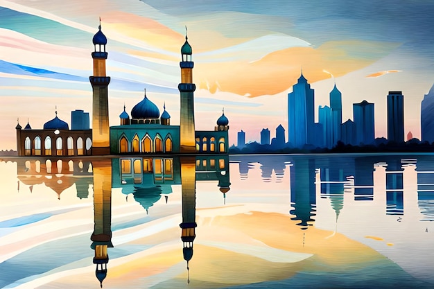 Malowidło przedstawiające meczet z miastem w tle.