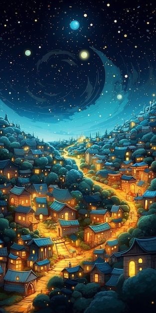 Malowidło przedstawiające miasteczko z księżycem w tle