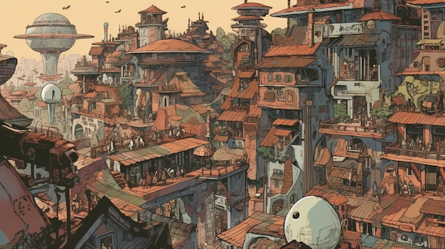 Malowidło przedstawiające miasto z dużą liczbą domów.