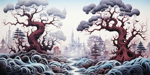 Malowidło przedstawiające rzekę z drzewami i zamkiem w tle ai