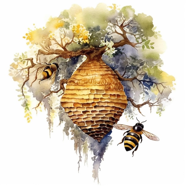 Zdjęcie malowidło przedstawiające ul wiszący na drzewie z pszczołą generatywną ai