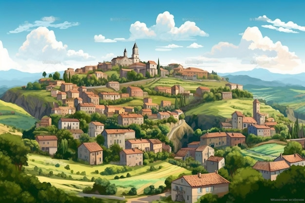 Malowidło przedstawiające wieś z kościołem na szczycie.