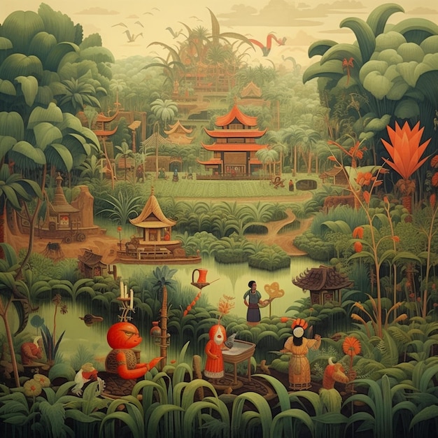 Malowidło przedstawiające wieś z ptakiem