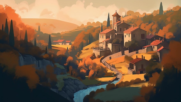 Malowidło przedstawiające wieś z rzeką na pierwszym planie i miasteczko z kościółkiem na wzgórzu.
