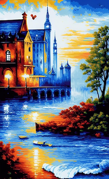 Malowidło przedstawiające zamek nad jeziorem