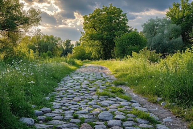 Malownicza brukowana droga wyłożona bujną zieloną trawą i wysokimi drzewami w tle Brukowana ścieżka przez bujną okolicę w ciepły letni dzień Wygenerowane przez sztuczną inteligencję