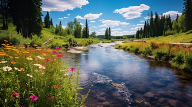 Malownicza rzeka i tętniące życiem dzikie kwiaty tworzą magiczną atmosferę.