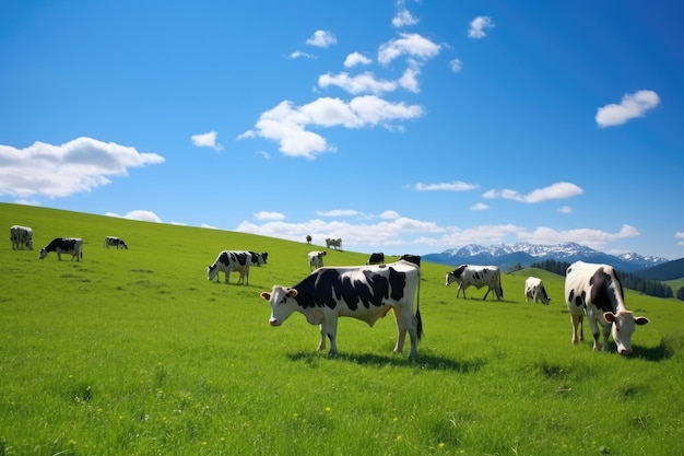 Malownicza scena stada krów spokojnie paszących się na bujnym zielonym polu stado białych kóz paszących się spokojnie na bujnym zielonym łące pod otwartym niebem