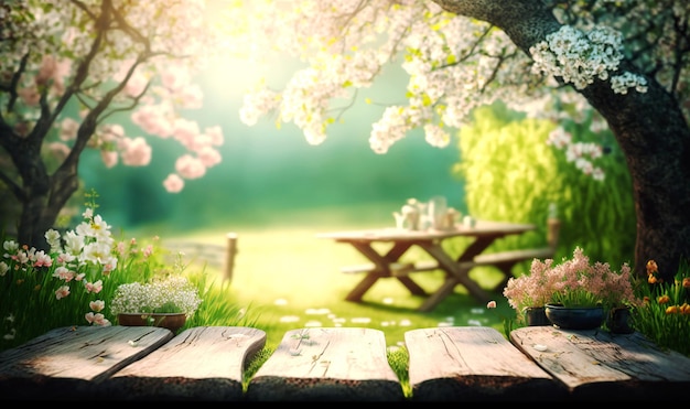 Malownicza wiosenna sceneria ze stołem wśród kwitnących drzew i słonecznym ogrodem w tle
