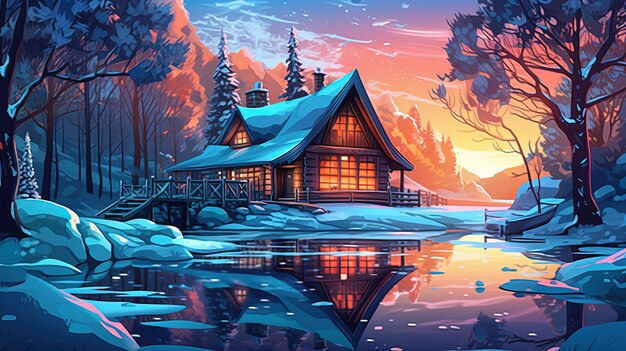 Malownicza zimowa kraina czarów z przytulną chatką i zamarzniętym jeziorem Koncepcja fantasy Obraz ilustracyjny Generative AI