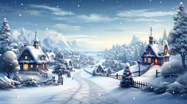 malownicza zimowa wioska z pokrytymi śniegiem domkami migoczącymi światłami i centralnym Bożym Narodzeniem