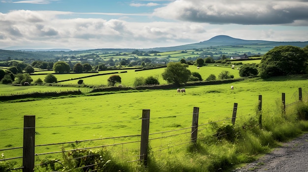 Zdjęcie malownicze irlandzkie wiejskie tereny z zielonymi polami i dzikimi kwiatami