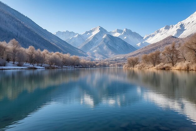 Malownicze krajobrazy spokojnego jeziora otoczonego śnieżnymi górami pod niebieskim niebem w słoneczny zimowy dzień